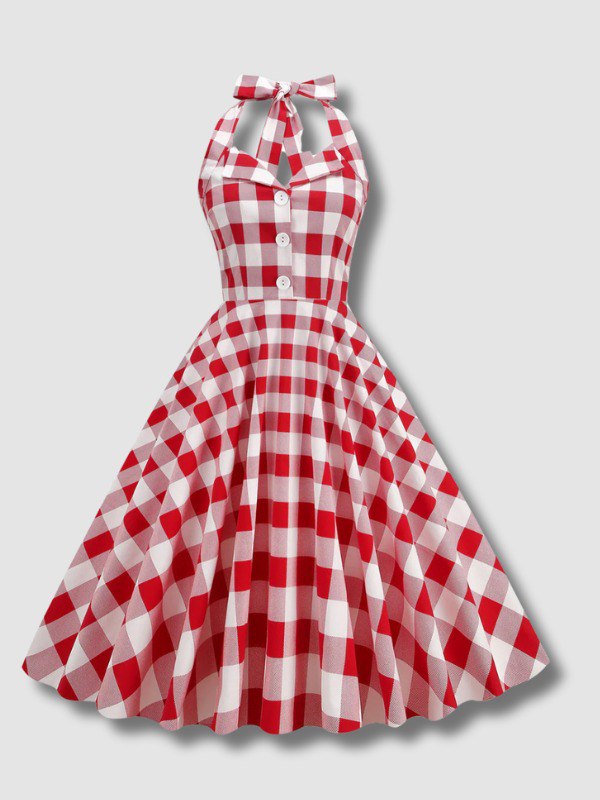 Robe Trapèze Rouge Plaid Vintage des années 1950