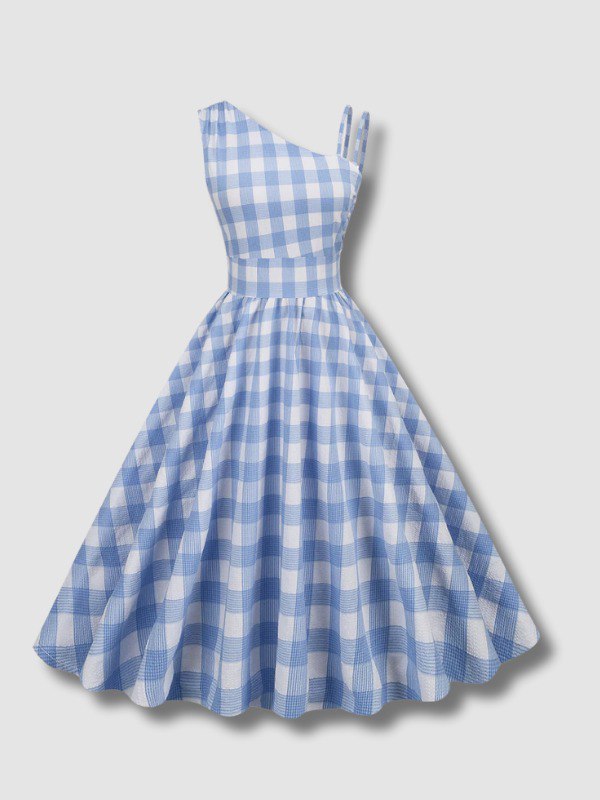 Robe asymétrique vintage à plaid bleu