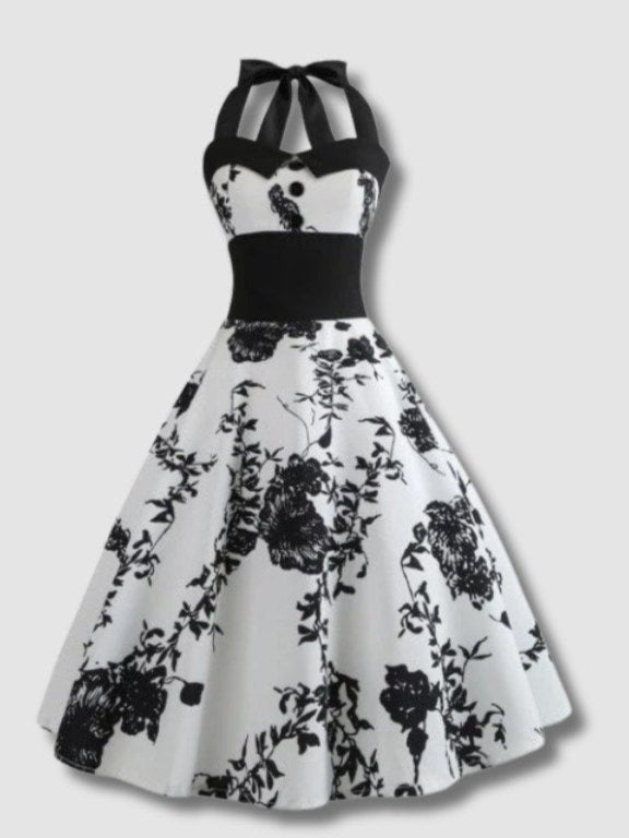 Vintage Pin-Up Black Flower Dress