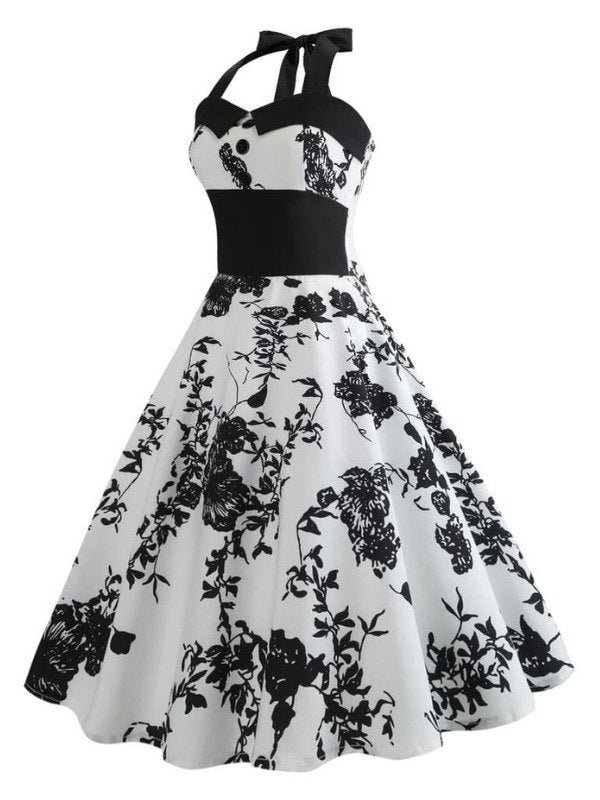 Vintage Pin-Up Black Flower Dress