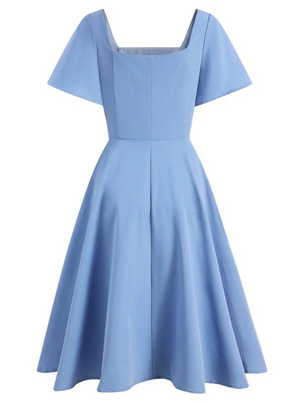 Robe bleu à col carré Vintage années 1950