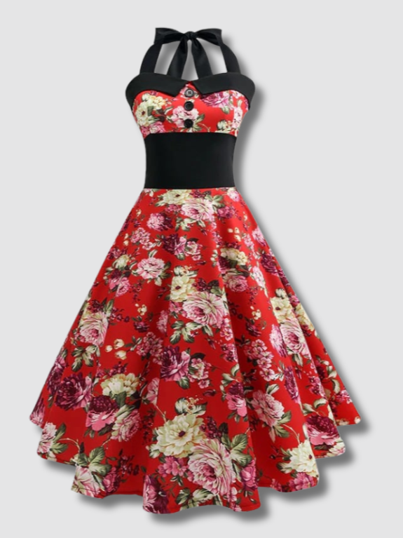 Vintage Pin-Up Red Flower Dress