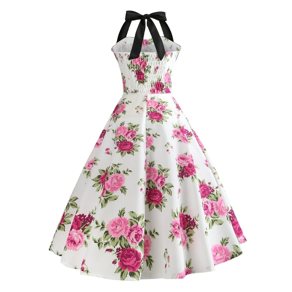 Robe Vintage Pin-Up Blanche À Fleurs