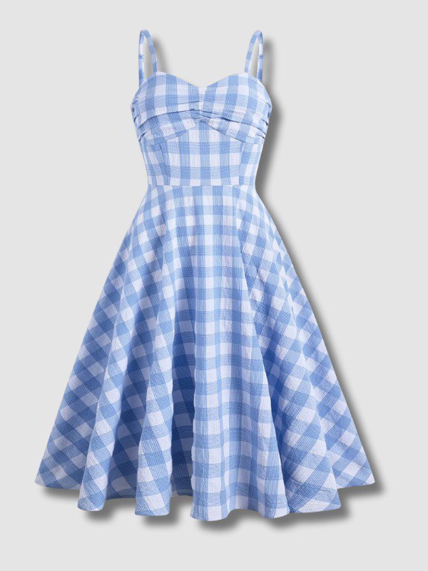 Robe à carreaux bleus années 1950