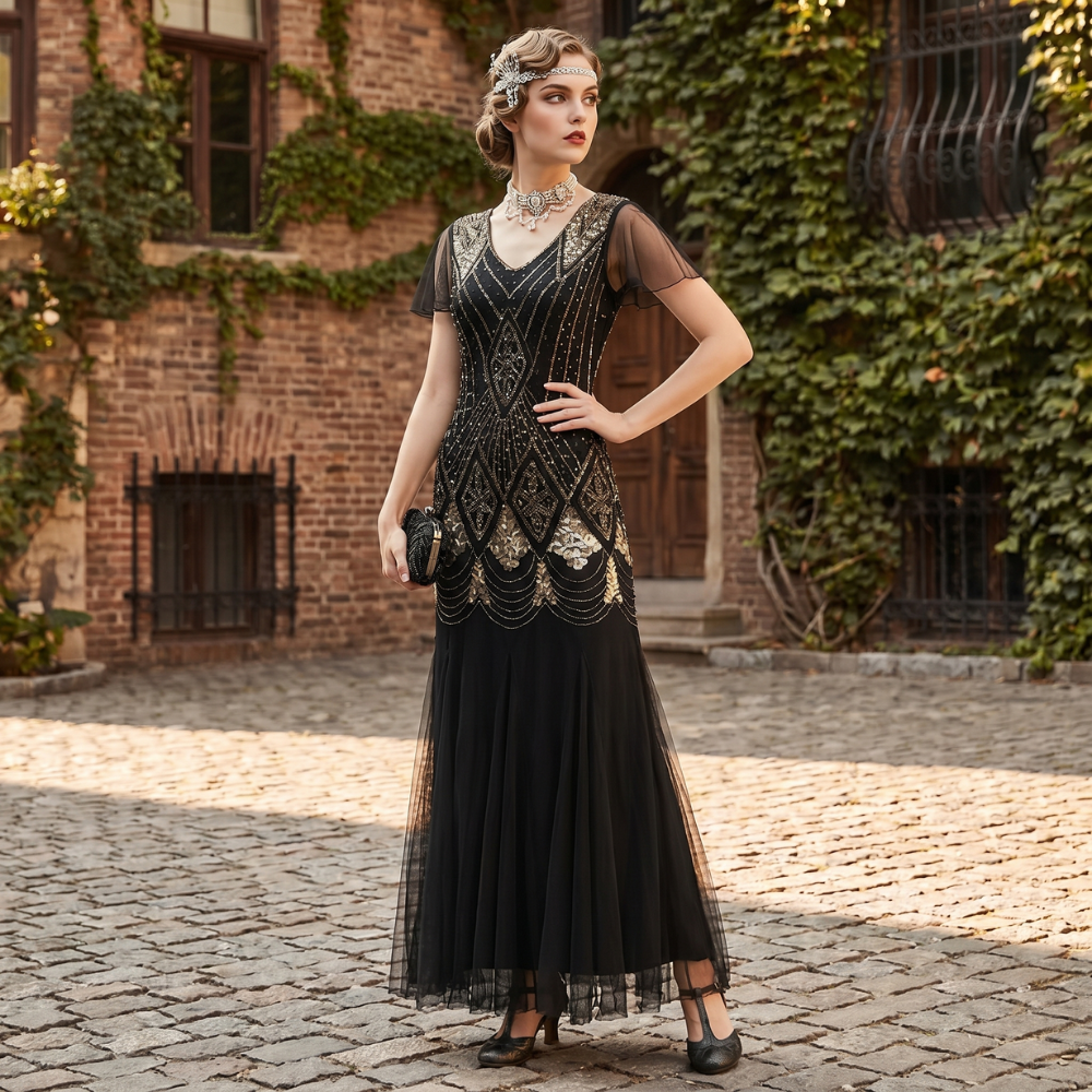 Robe Gatsby Longue Haute Couture Noir et Or