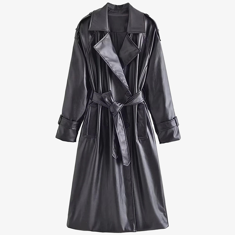 Women's Vintage Black Faux Leather Trench Coat