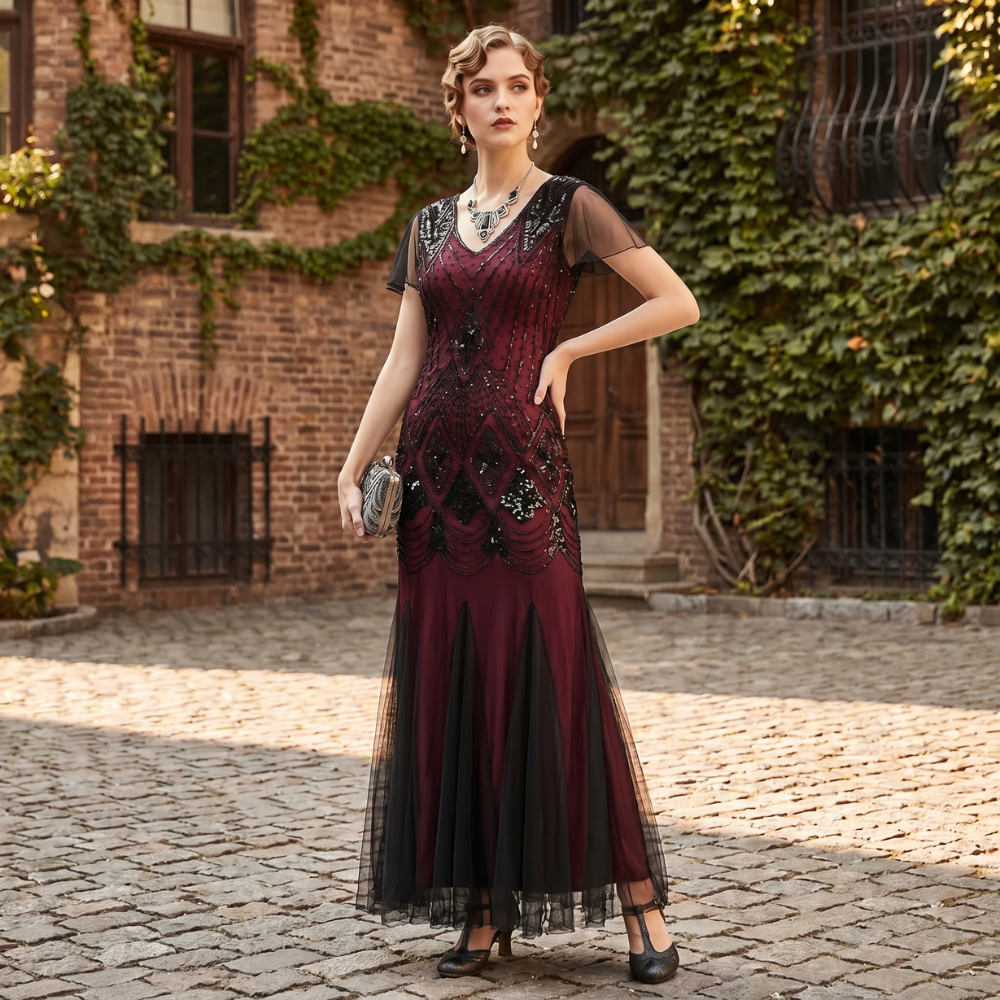 Robe Gatsby Longue Haute Couture Brodeaux et Noire