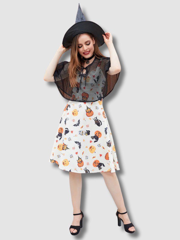 Robe Citrouille d’Halloween des années 50 avec cape