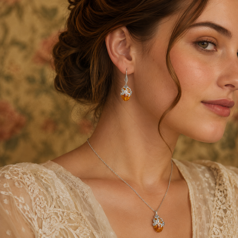 Boucles d’Oreilles Ambre et Argent Vintage Longues