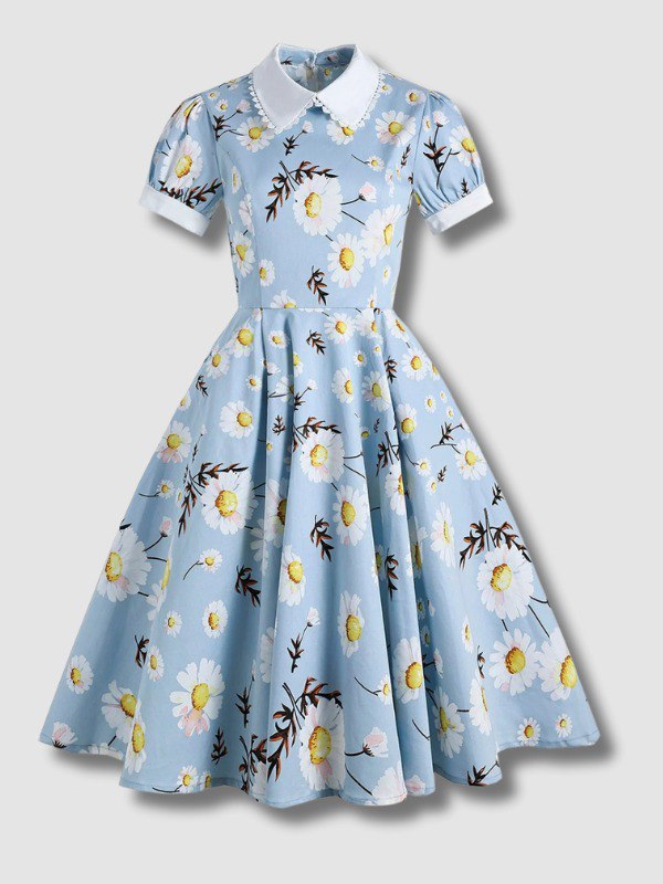 1950s Summer Blue Printed Dress