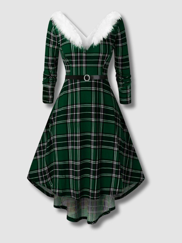 Robe à Manche Longue Vintage à Plaid