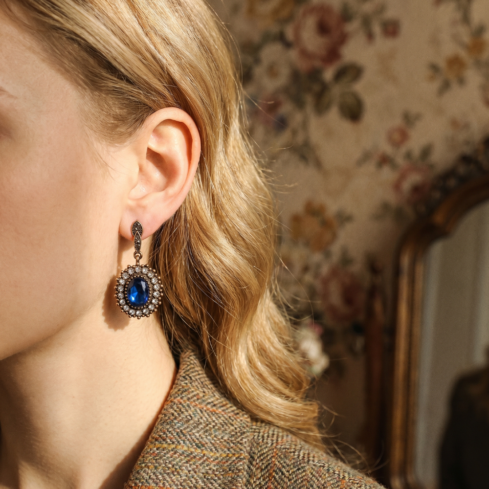 Boucle D'Oreille Vintage Ovale Bleue