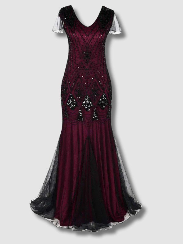 Haute Couture Long Gatsby Dress in Embroidery and Black