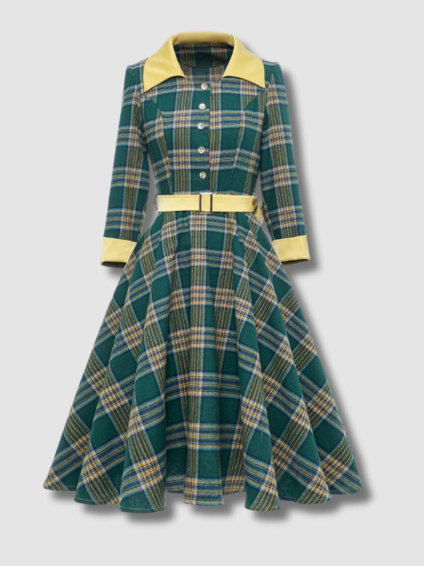 Robe Verte Vintage d’automne à carreaux