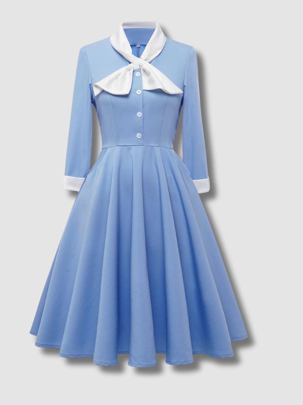 Robe Bleue en Trapèze Vintage avec Nœud Papillon