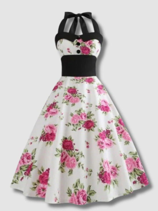 Robe Vintage Pin-Up Blanche À Fleurs