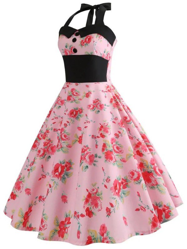 Robe Vintage Pin-Up Rose Fleurs