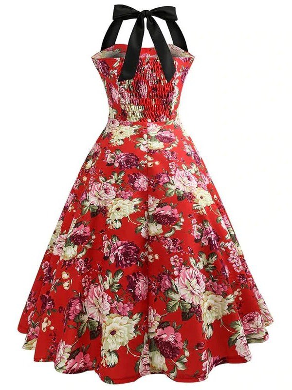 Robe Vintage Pin-Up Rouge Fleurs