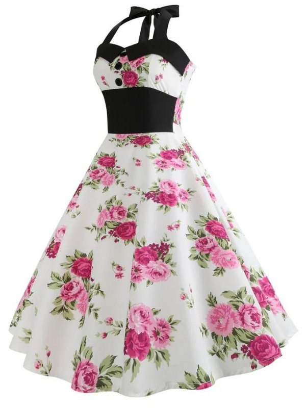 Robe Vintage Pin-Up Blanche À Fleurs