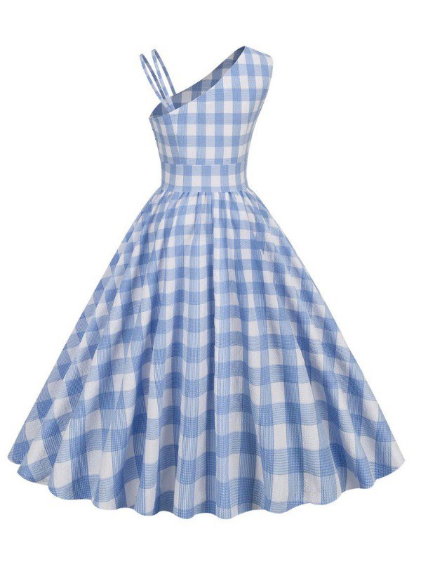 Robe asymétrique vintage à plaid bleu