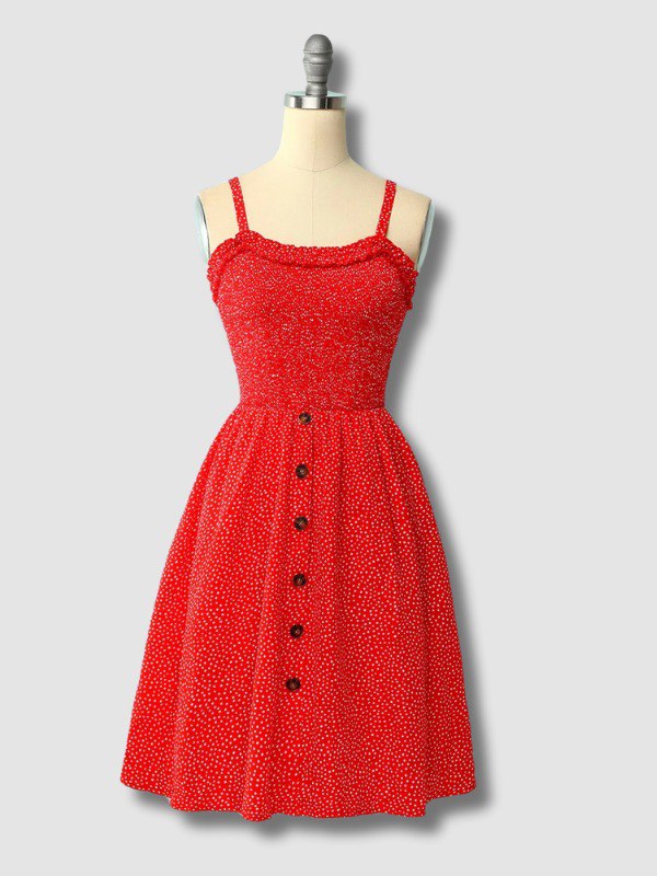 Robe à fleurs rouge vintage avec bouton