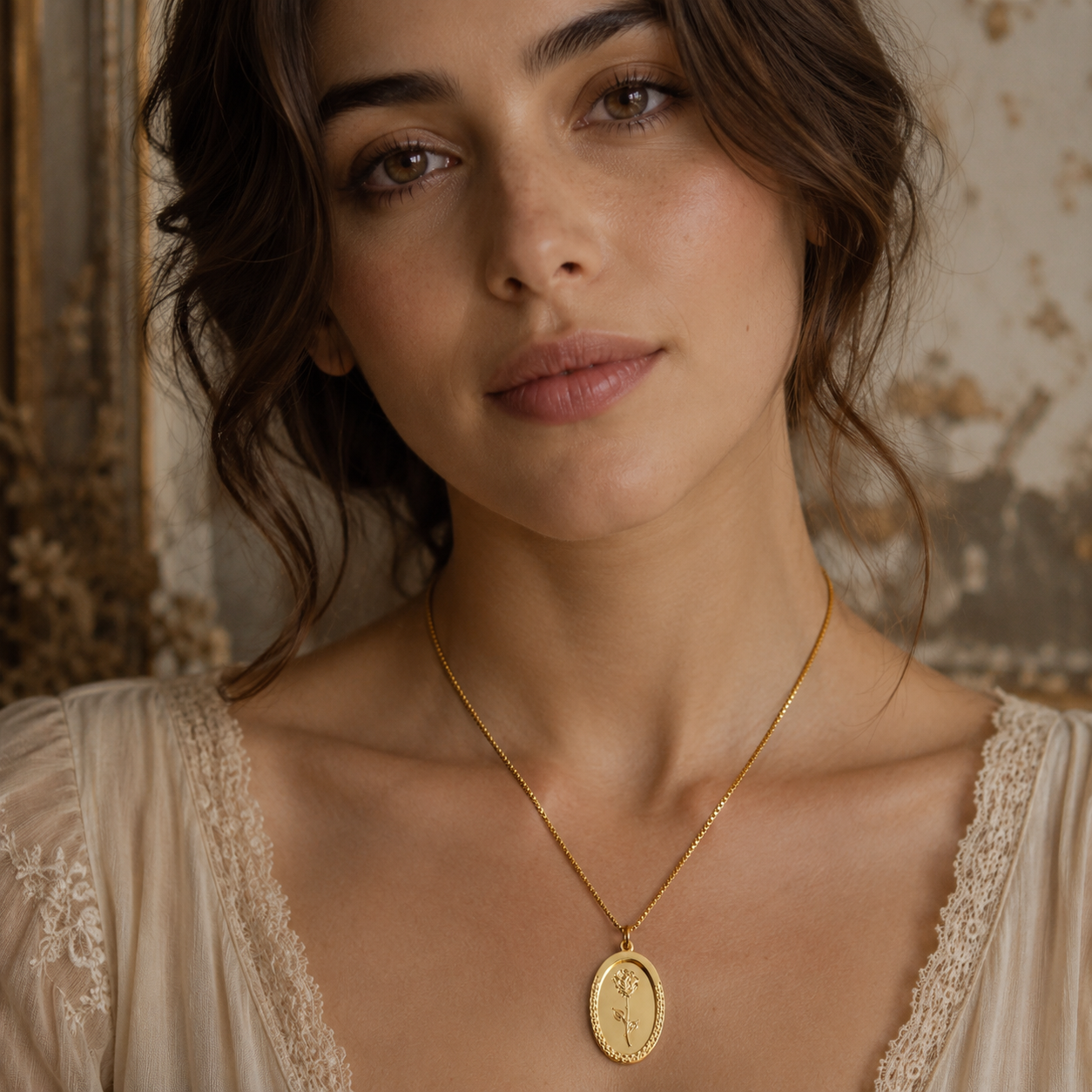 Collier Médaille Rose Vintage