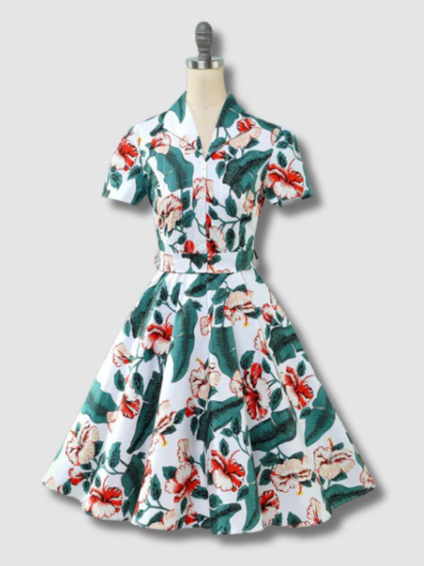 Robe Vintage à Col V avec Imprimé de Fleur