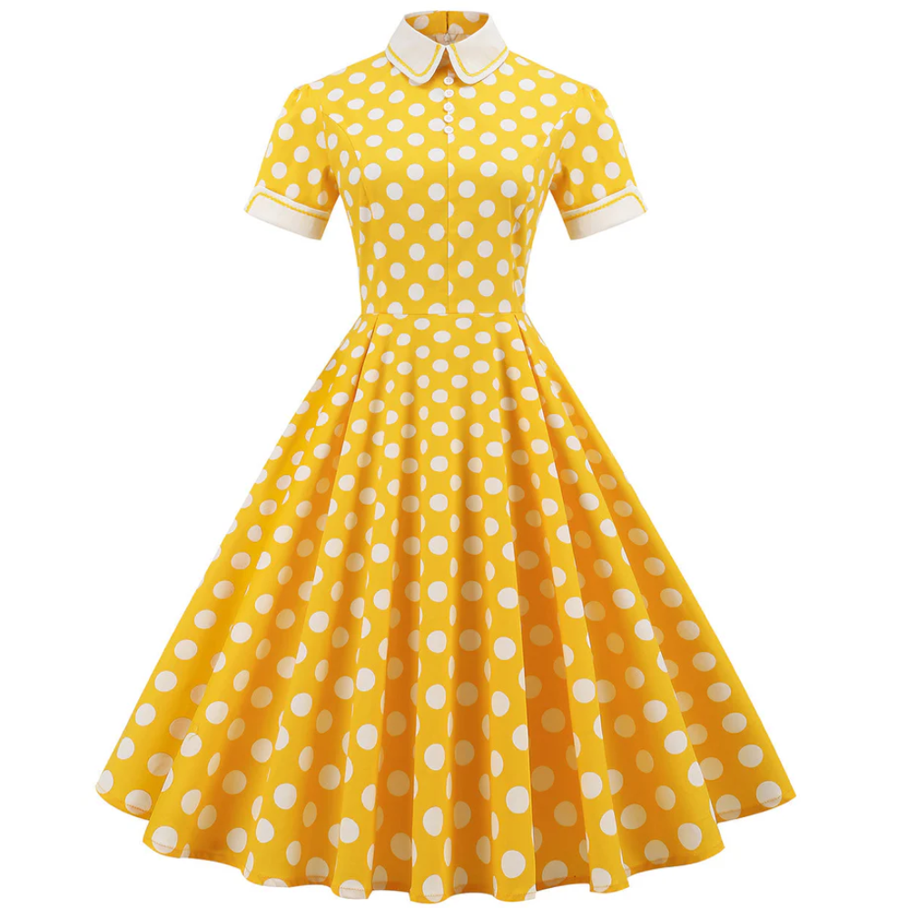 Robe Stylée Vintage à Pois Jaunes