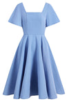 Robe bleu à col carré Vintage années 1950