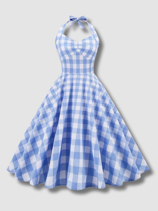 Robe Rétro Dos Nu à Carreaux pour Femme