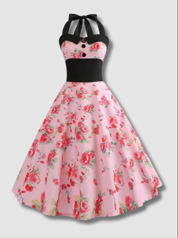 Robe Vintage Pin-Up Rose À Fleurs
