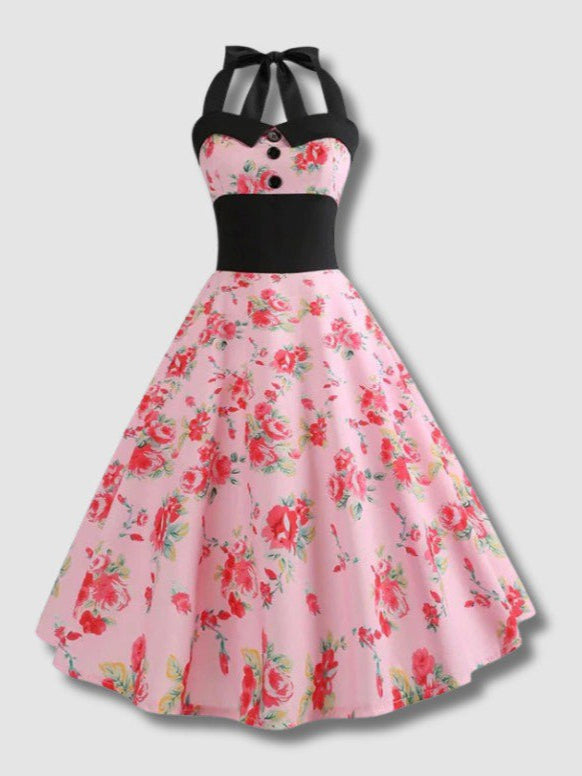 Robe Vintage Pin-Up Rose Fleurs