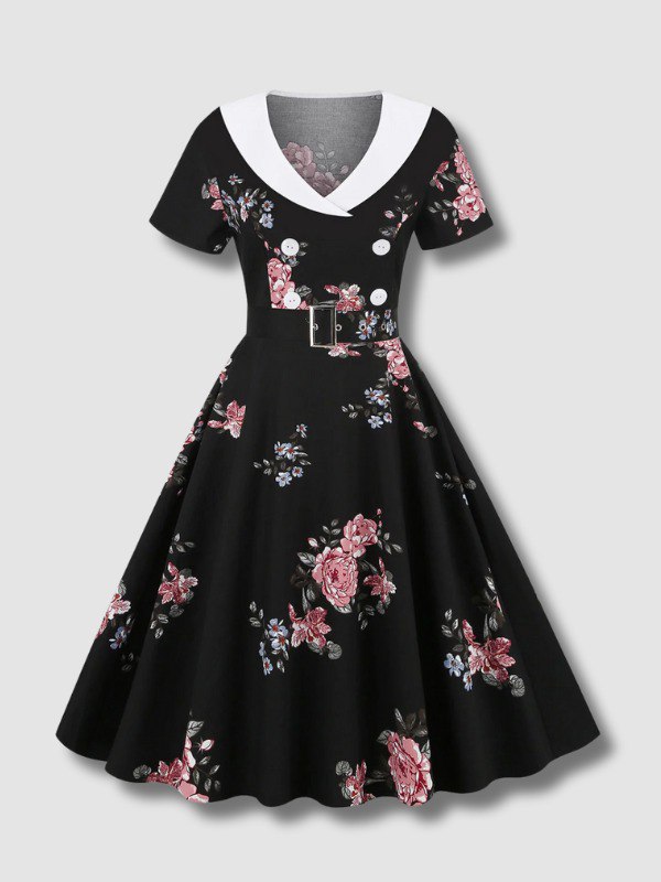 Robe Vintage Imprimée Florale Noire Avec Ceinture