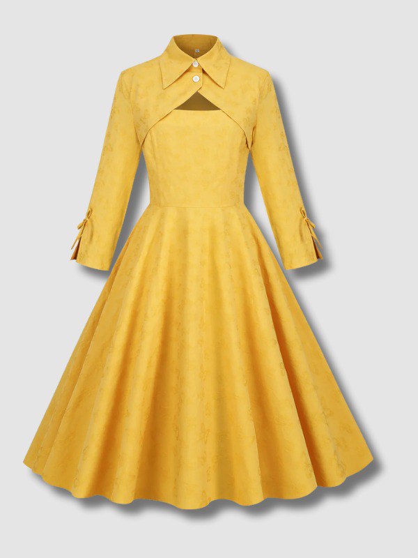 Robe Jaune Vintage à Col Rabattu