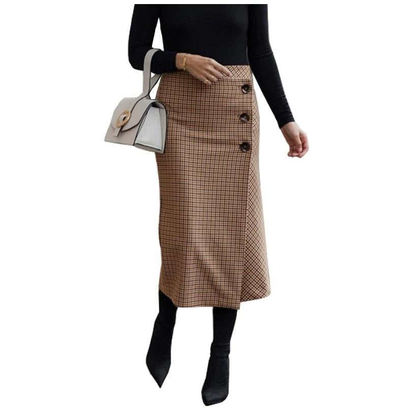 Buttoned Plaid Sheath Skirt 