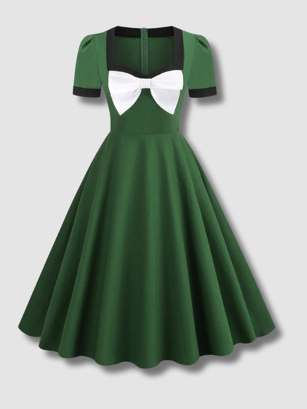 Robe Verte Vintage des années 1950 avec Nœud