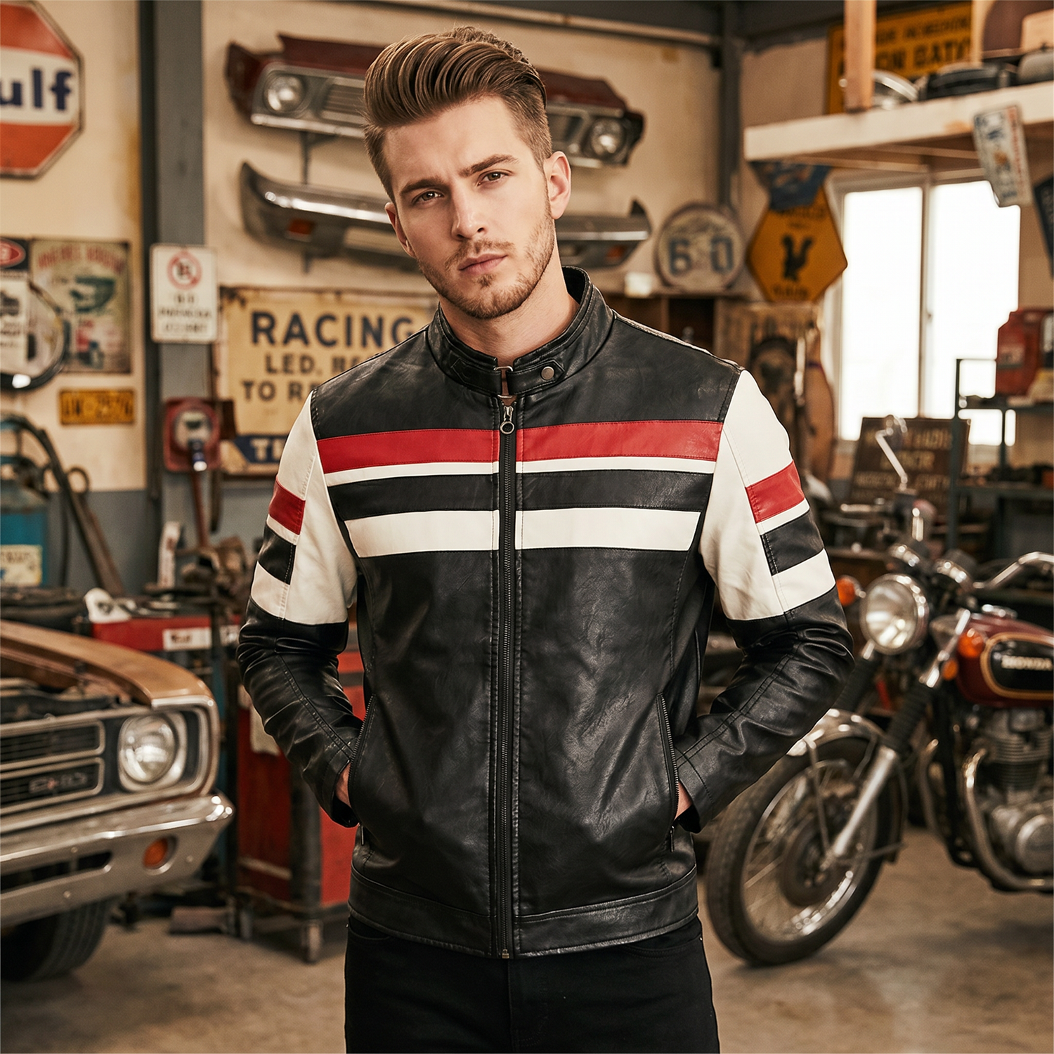 Blouson Cuir Retro Moto Noir Et Rouge