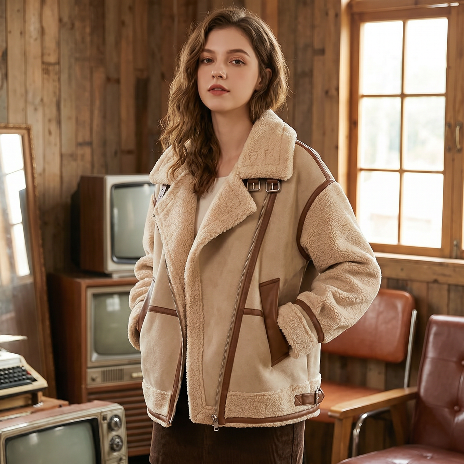 Blouson Aviateur Vintage à Col Sherpa