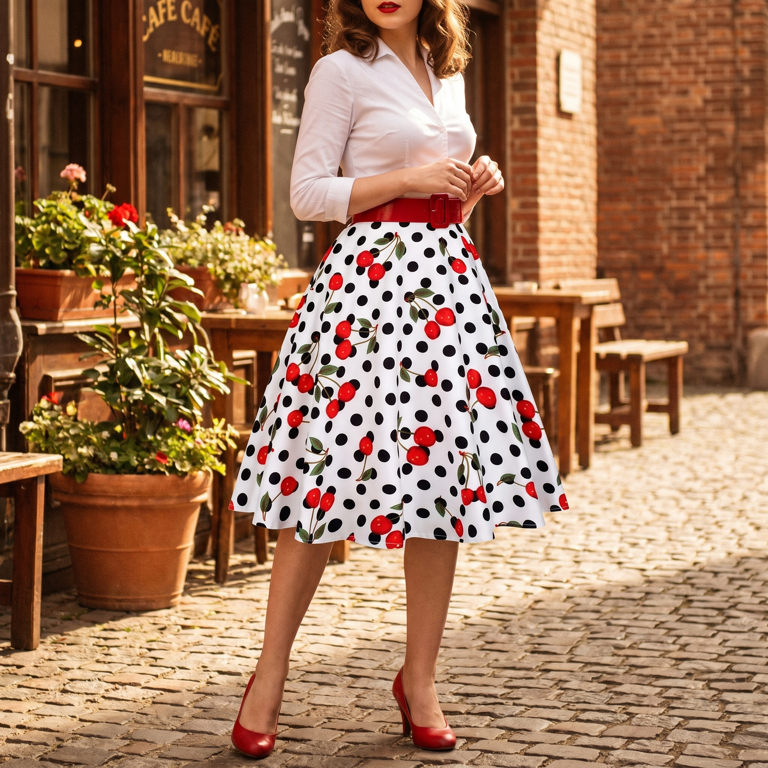 Jupe Vintage Blanche Polka Dots Cerises
