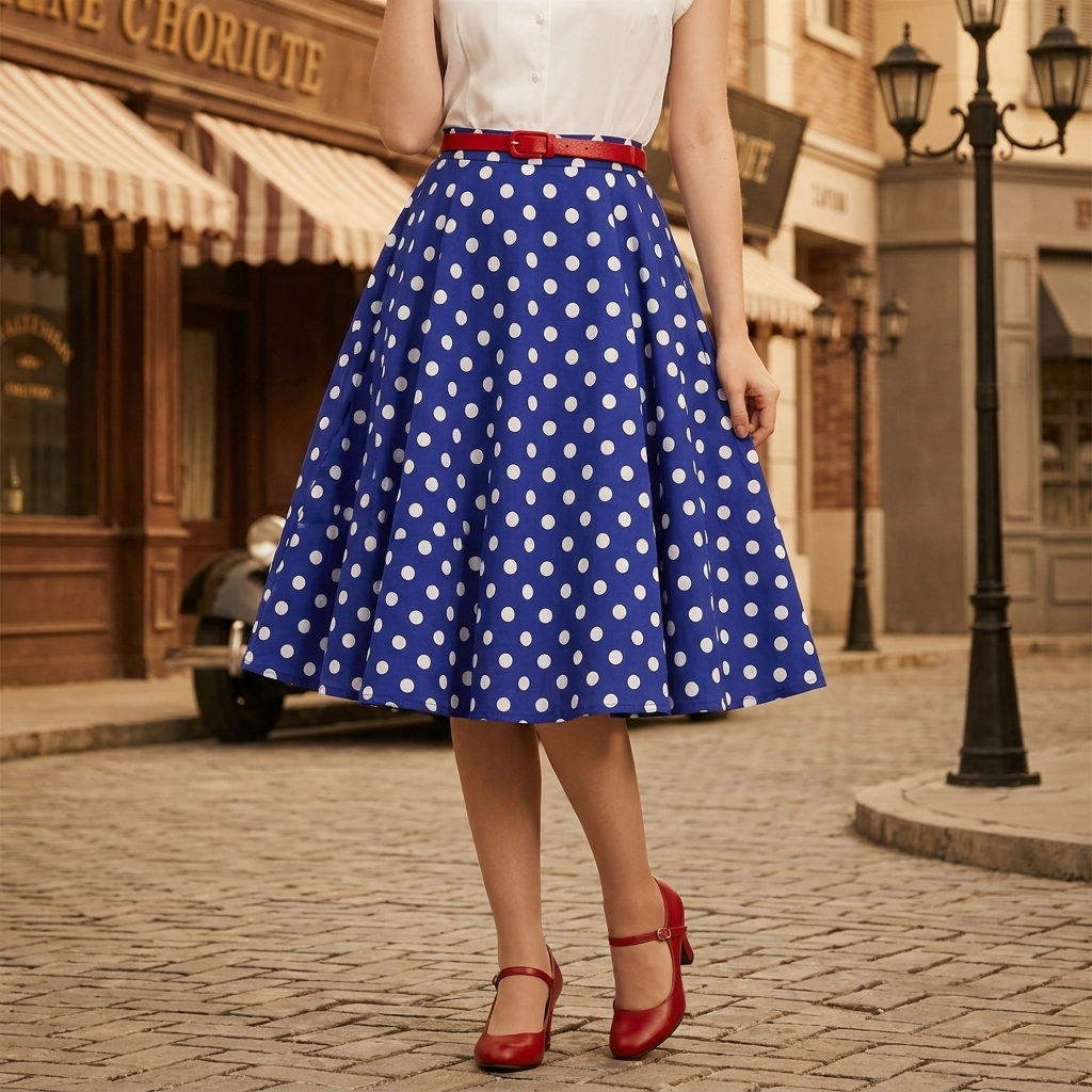 Jupe Vintage Bleue Pois Blancs