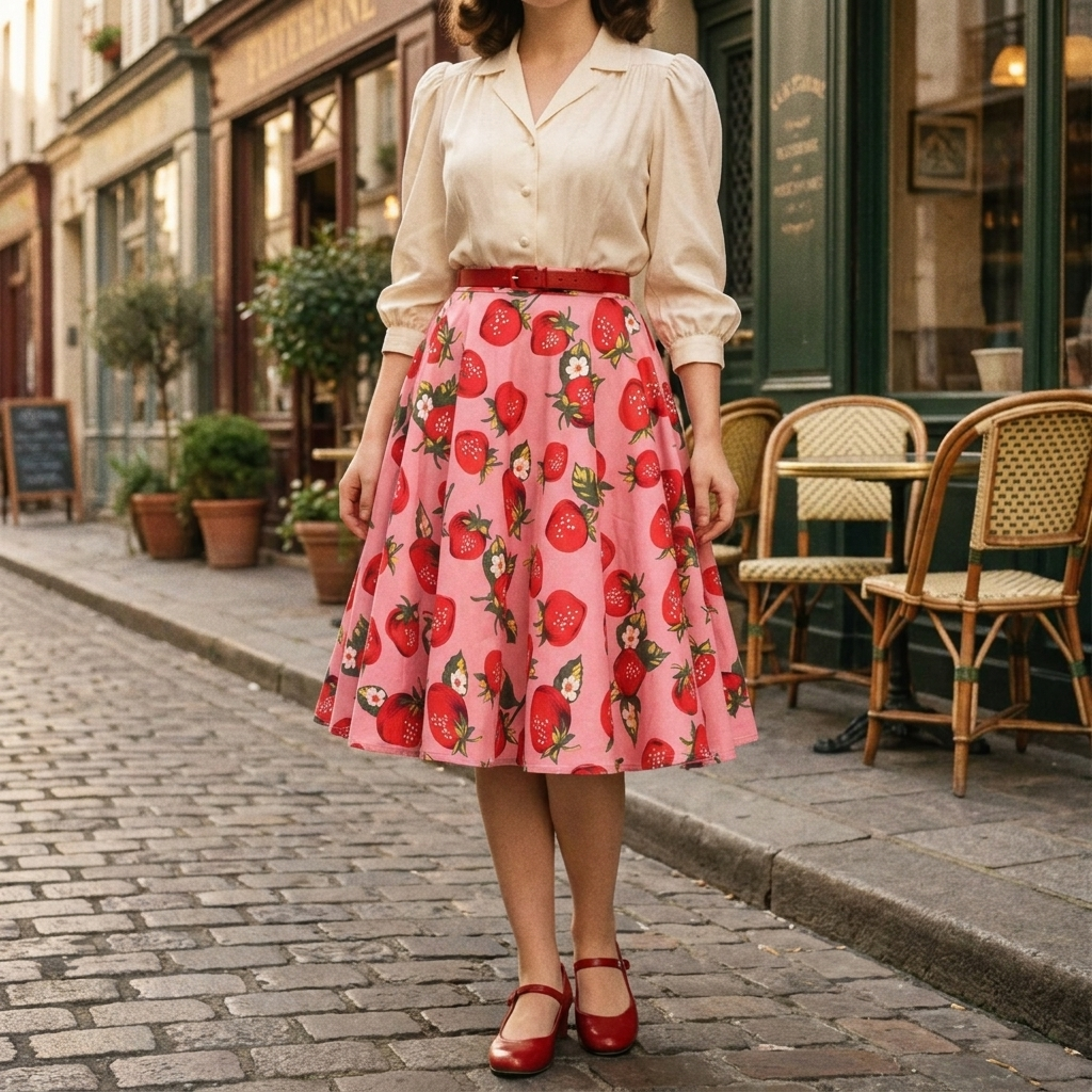 Jupe Vintage Rose Imprimée Fraises