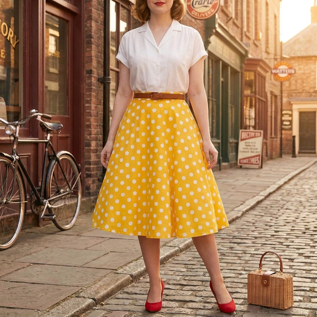 Jupe Vintage Jaune Pois Blancs