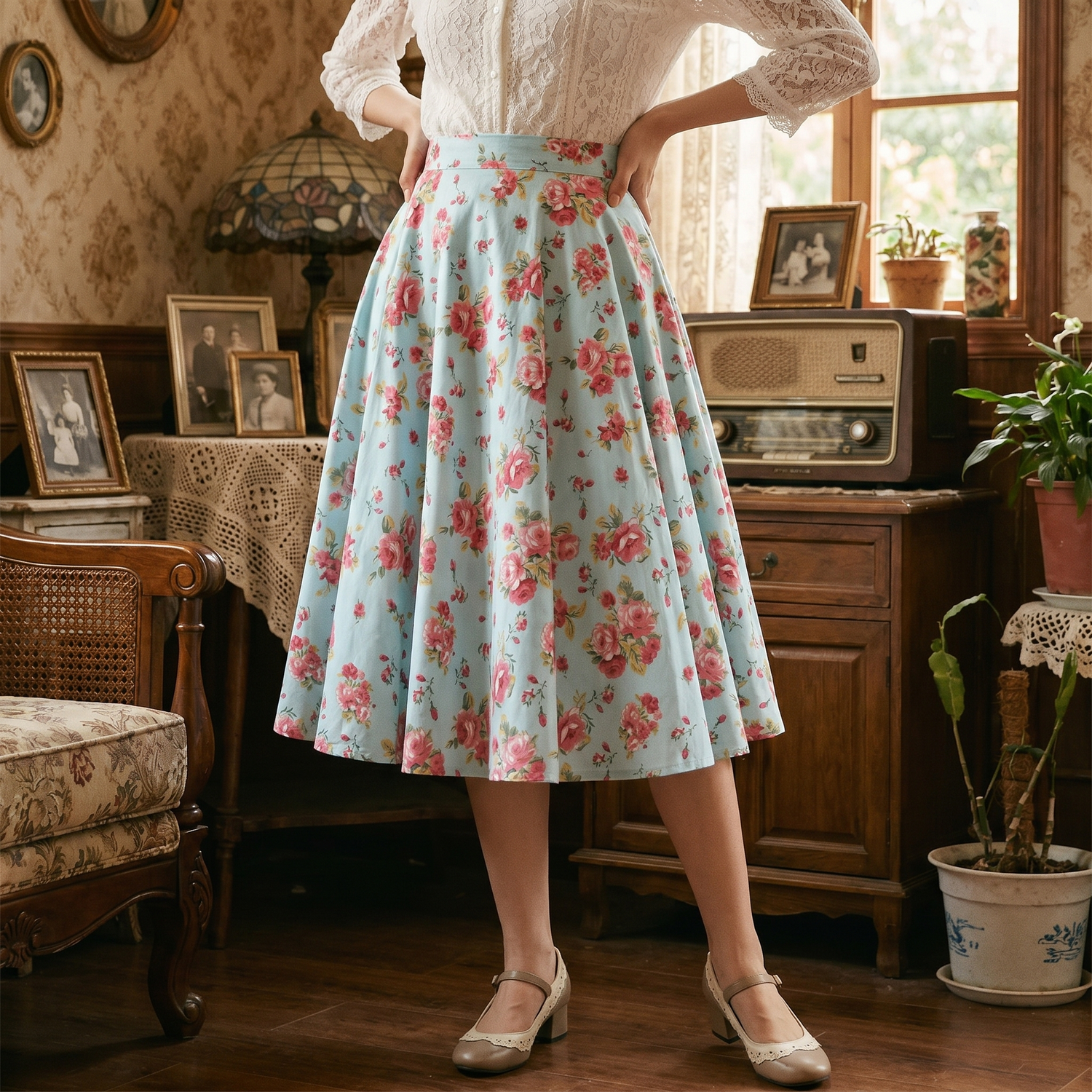 Jupe Vintage Kitsch Bleue Fleurie