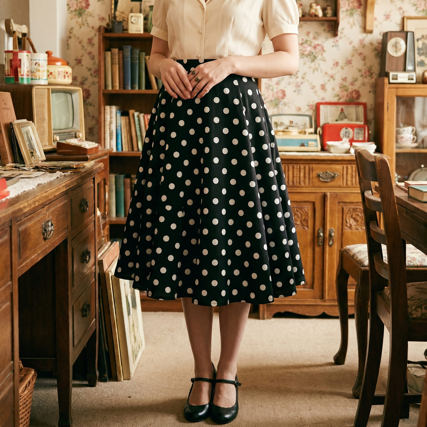 Jupe Vintage Noir Pois Blancs