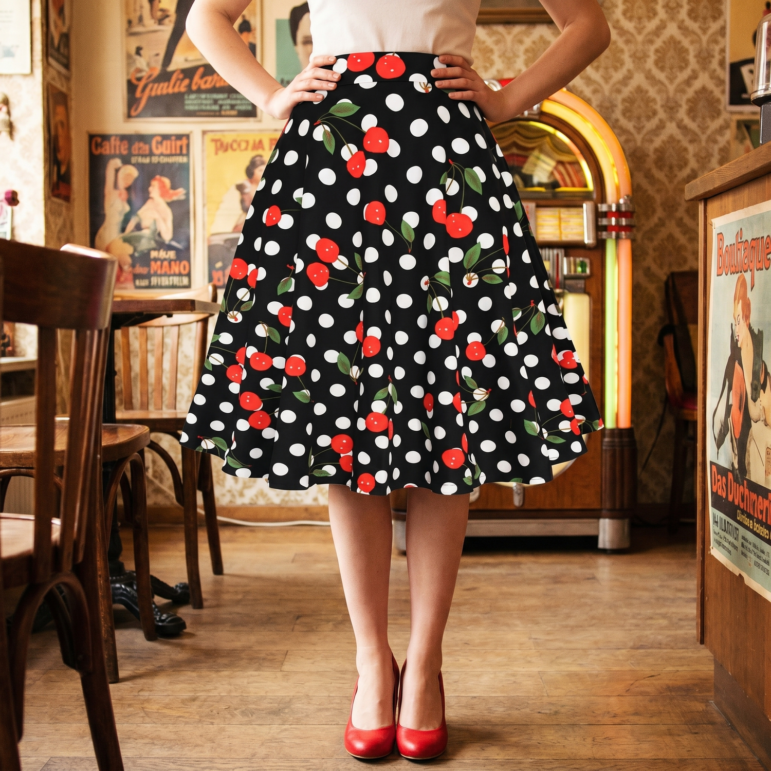Jupe Vintage Noire Polka Dots Cerises