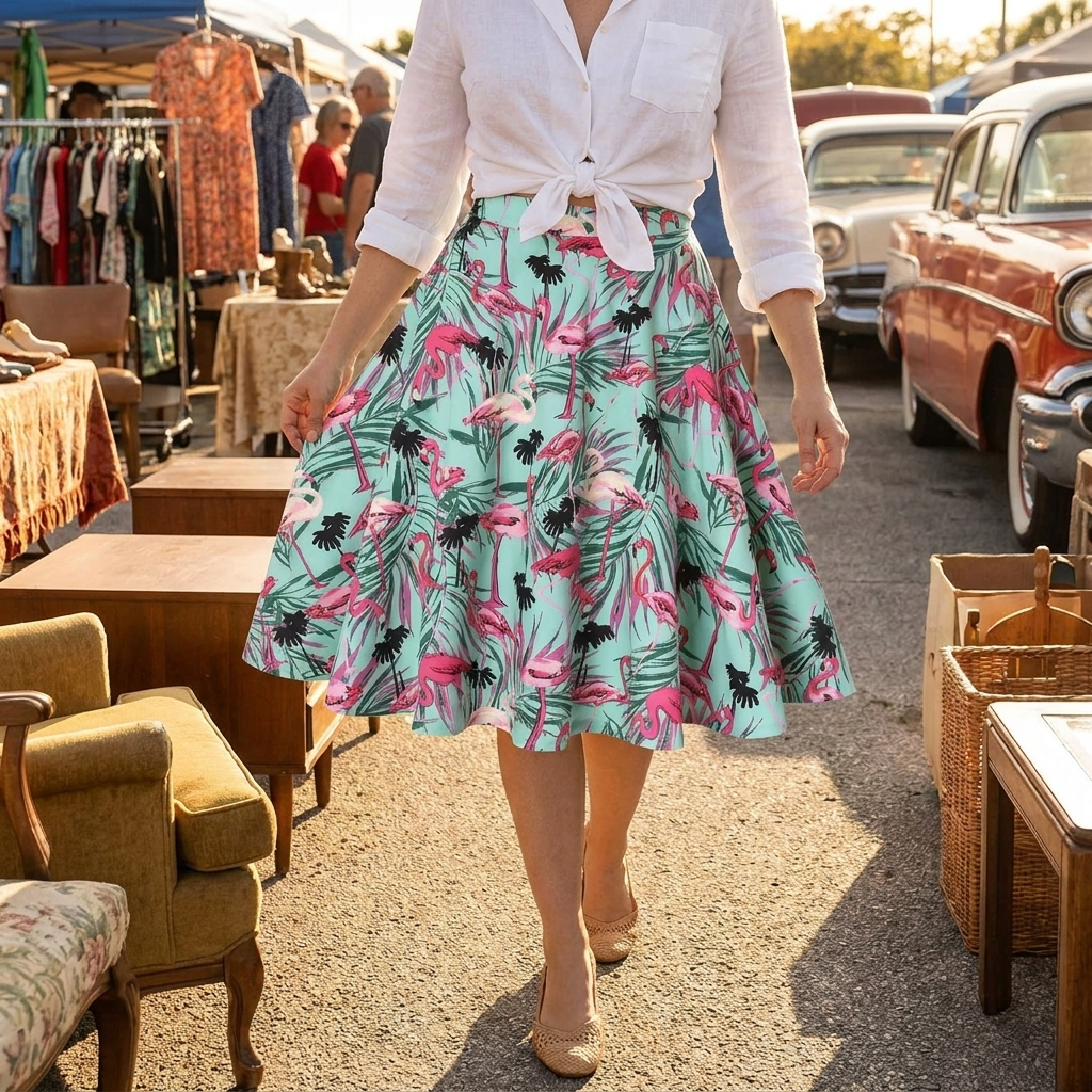 Jupe Vintage Verte Flamants Roses