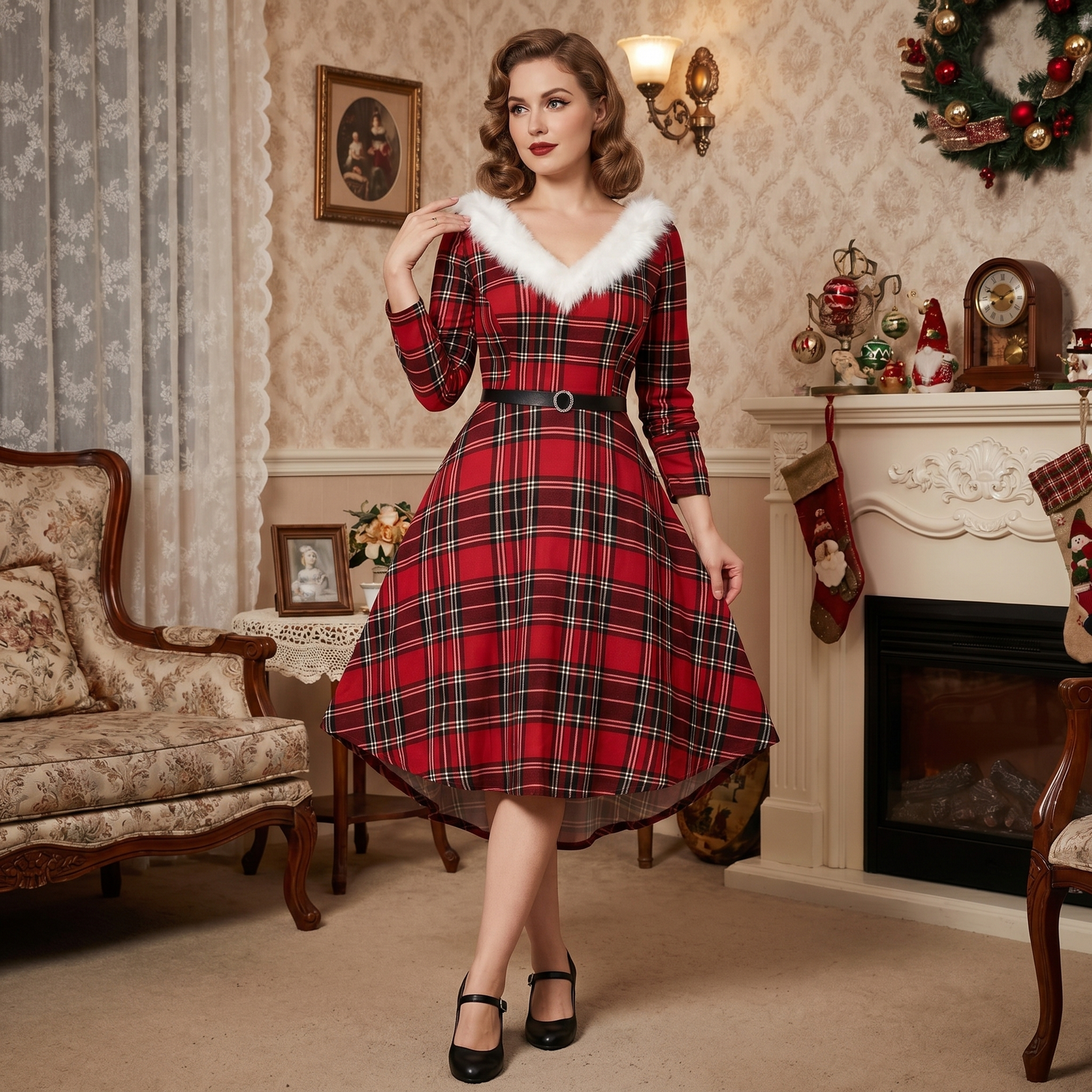Robe à Manche Longue Vintage à Plaid