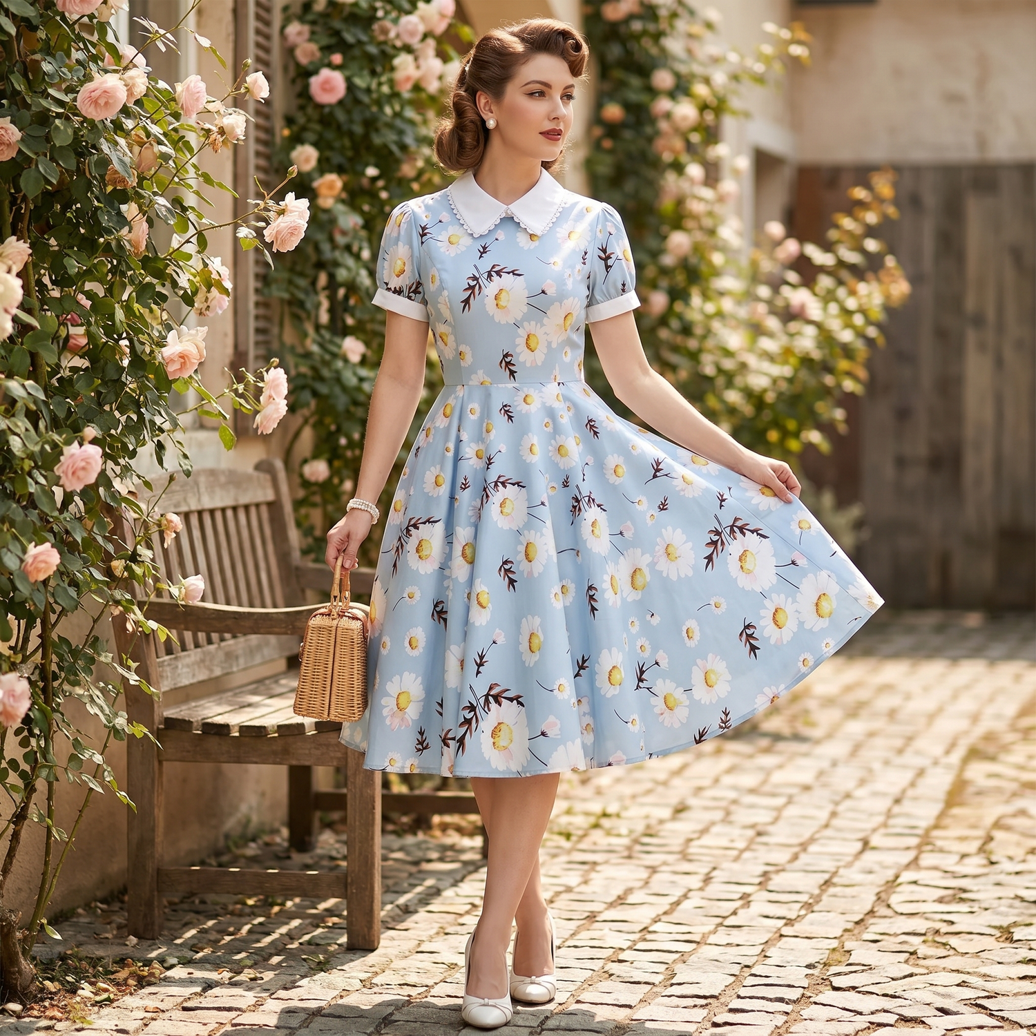 Robe Imprimée Bleu Eté des Années 1950