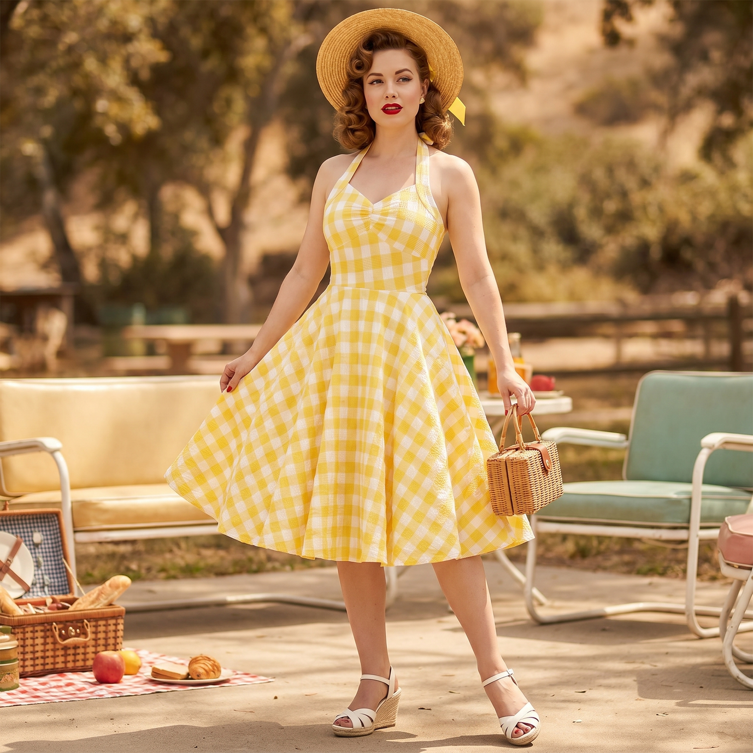 Robe Jaune Plaid des années 1950