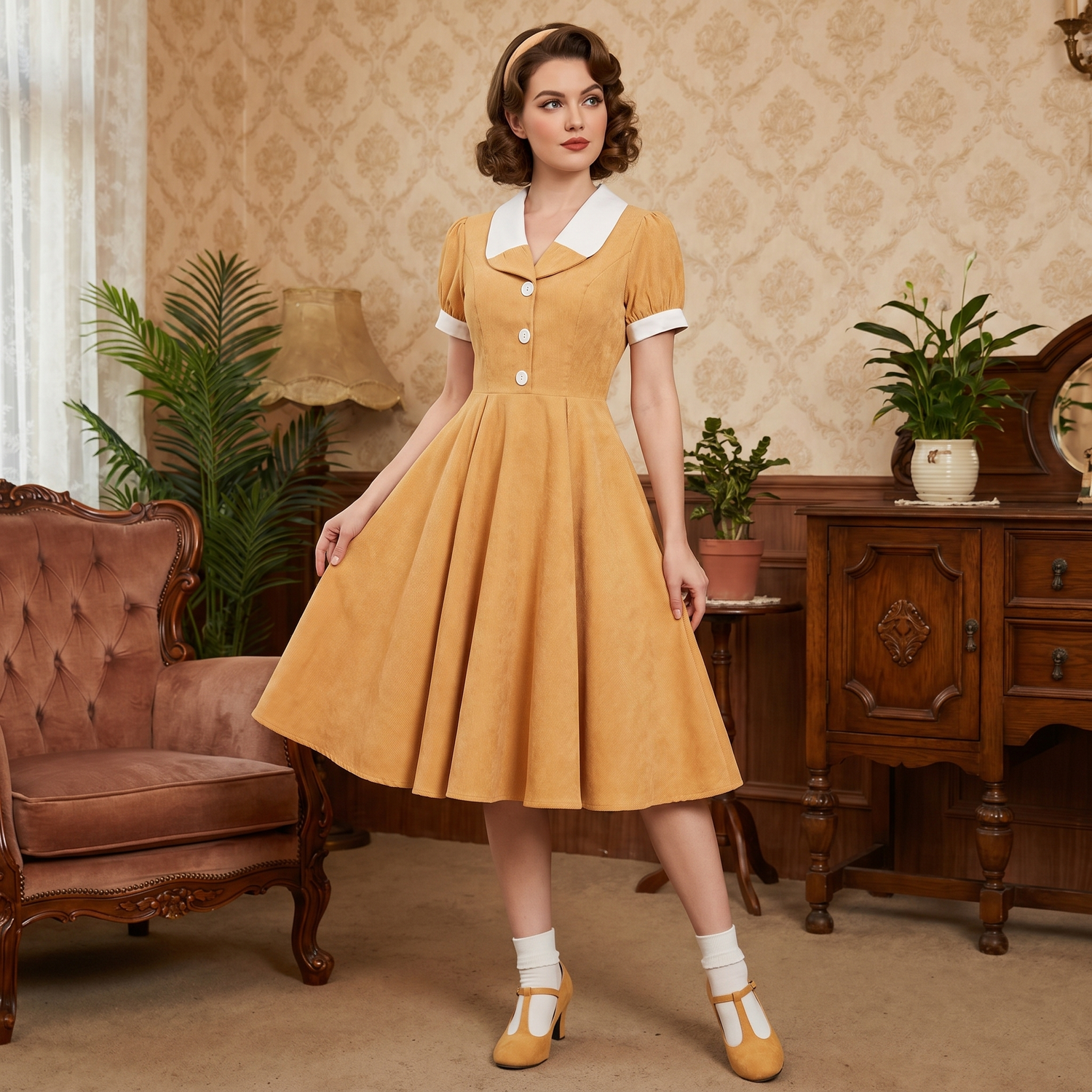 Robe Midi Vintage à Manche Courte